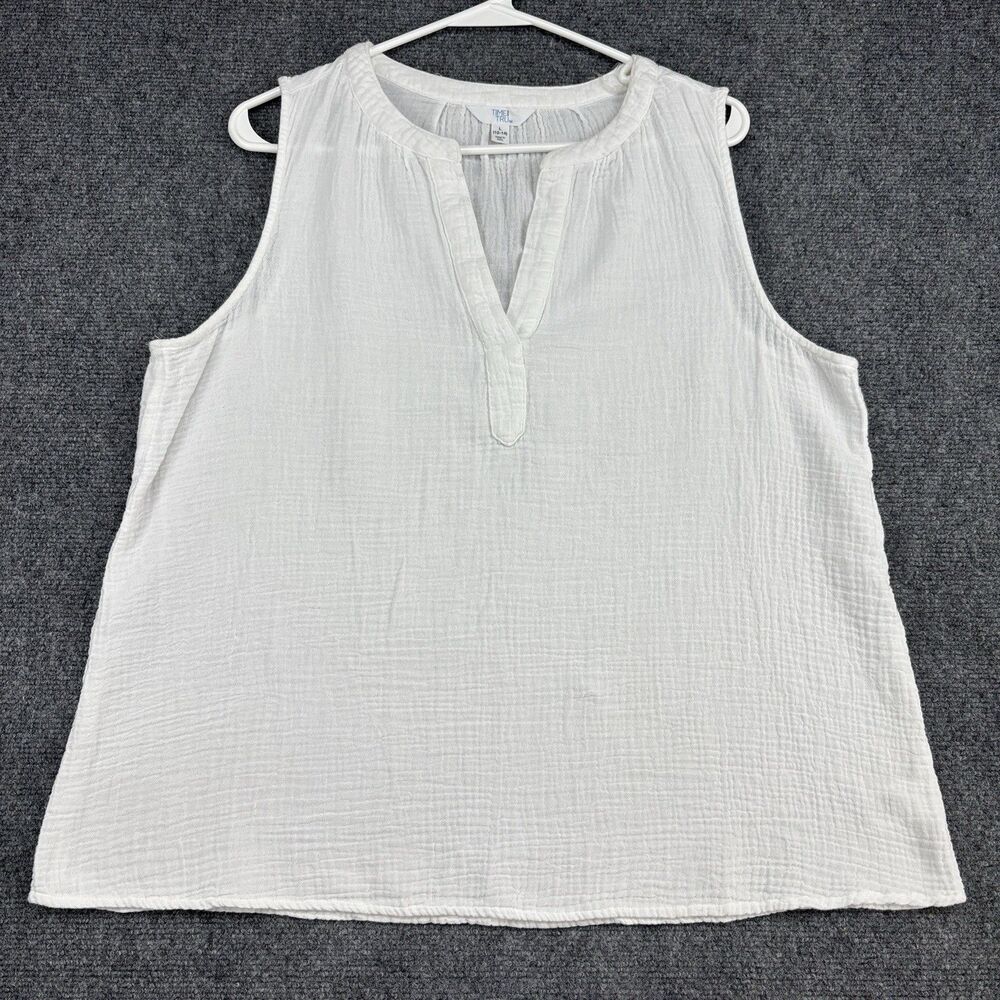 Time and Tru Womens L 12-14 White Gauze Sleeveless Split Neck Top Blouse